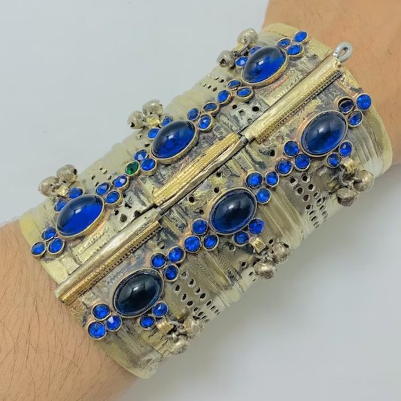 single  Boho Cuff Bracelet, Blue Stone Antique Tribal Cuff, Handmade Cuff - Picture 1 of 7